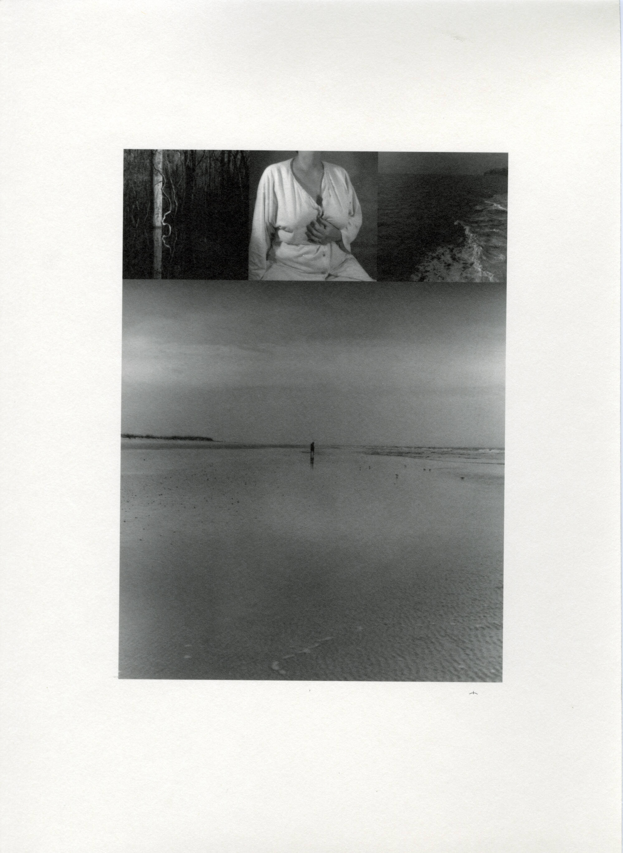 Black and white print with three separte photographic images- the largest is of a woman in the distance at a beach.